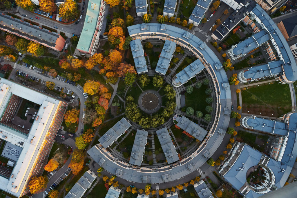 Aerial shot of buildings in a circle formation